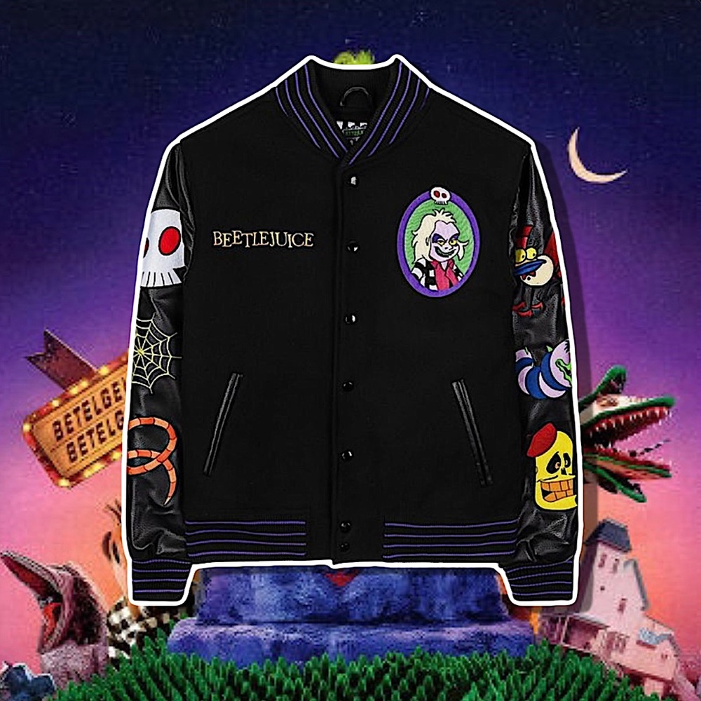 Beetlejuice Halloween Horror Haunted House Mens Varsity Embroidered Patch Jacket - Picture 3 of 11